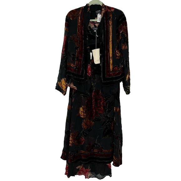 NEW Citron Silk Maxi Dress and Jacket Floral Print Velvet Beaded Fall - Picture 2 of 15